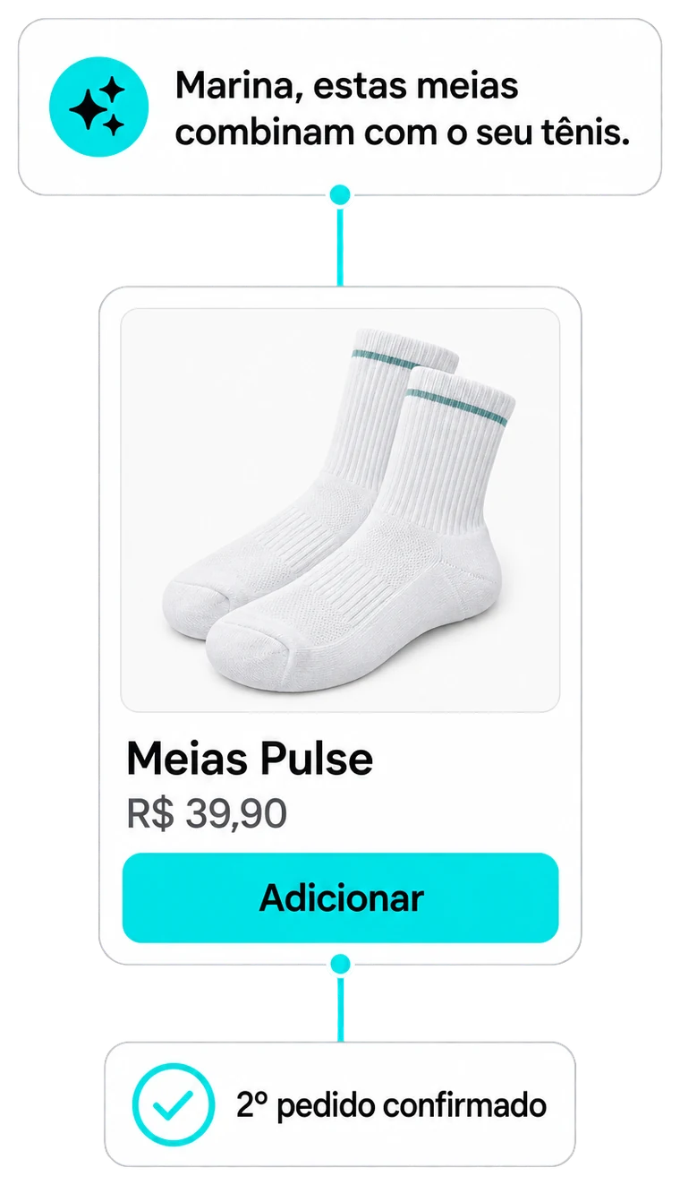 Mensagem sugerindo meias que combinam com o tênis e o segundo pedido confirmado.
